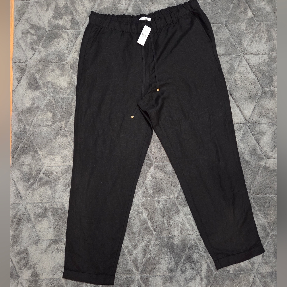 LOFT Black Pull On Linen Blend Tapered Pants Size XL Tall Casual Office Resort